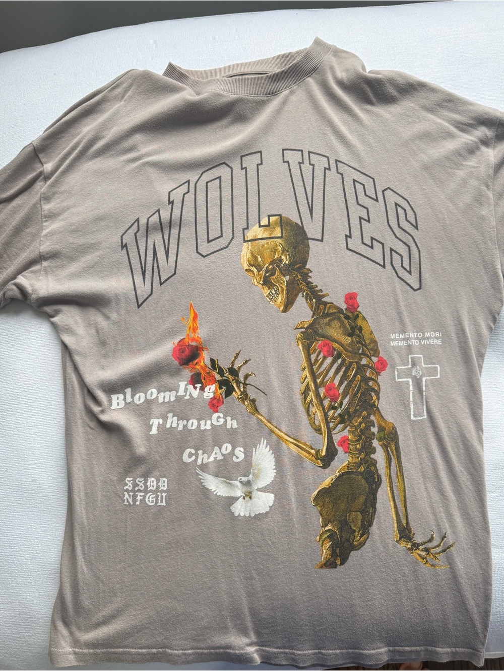 Darc Sport WOLVES Taupe Graphic Tee with Gold Skeleton and Red Rose Accents